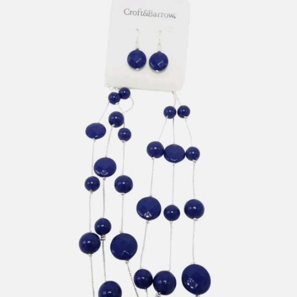 New 3 strand blue & silver necklace & earrings set